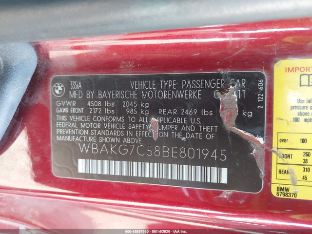 Продаж на аукціоні авто 2011 Bmw 335i, vin: WBAKG7C58BE801945, номер лоту: 45897660