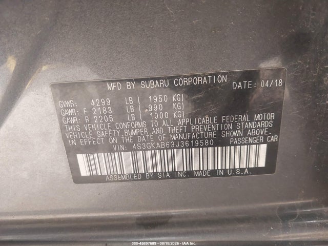 45897689 :رقم المزاد ، 4S3GKAB63J3619580 vin ، 2018 Subaru Impreza 2.0i Premium مزاد بيع