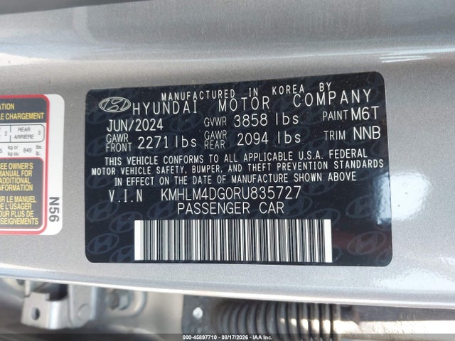 Продажа на аукционе авто 2024 Hyundai Elantra Sel, vin: KMHLM4DG0RU835727, номер лота: 45897710