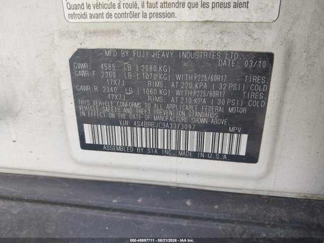 45897711 :رقم المزاد ، 4S4BRBJC9A3373097 vin ، 2010 Subaru Outback 2.5i Limited مزاد بيع