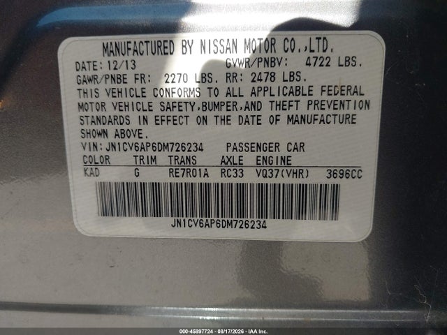 45897724 :رقم المزاد ، JN1CV6AP6DM726234 vin ، 2013 Infiniti G37 Journey مزاد بيع