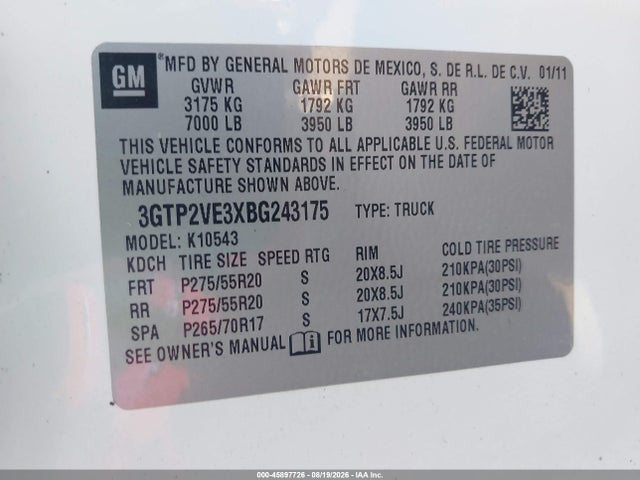 Aukcja sprzedaży 2011 Gmc Sierra 1500 Sle, vin: 3GTP2VE3XBG243175, numer aukcji: 45897726