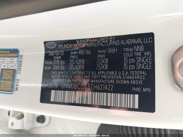 Aukcja sprzedaży 2026 Hyundai Tucson Sel, vin: 5NMJBCDE3TH621422, numer aukcji: 45897737
