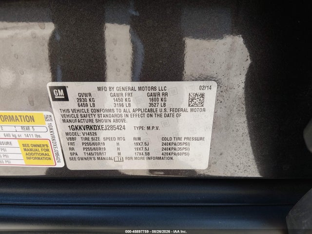 Aukcja sprzedaży 2014 Gmc Acadia Slt-1, vin: 1GKKVRKDXEJ285424, numer aukcji: 45897759