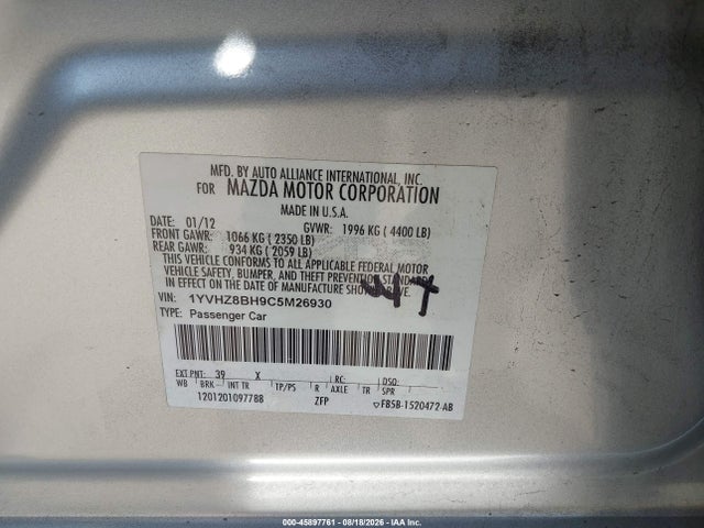 2012 Mazda Mazda6 I Sport მანქანა იყიდება აუქციონზე, vin: 1YVHZ8BH9C5M26930, აუქციონის ნომერი: 45897761
