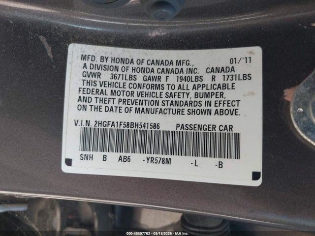 Продажа на аукционе авто 2011 Honda Civic Lx, vin: 2HGFA1F58BH541586, номер лота: 45897762