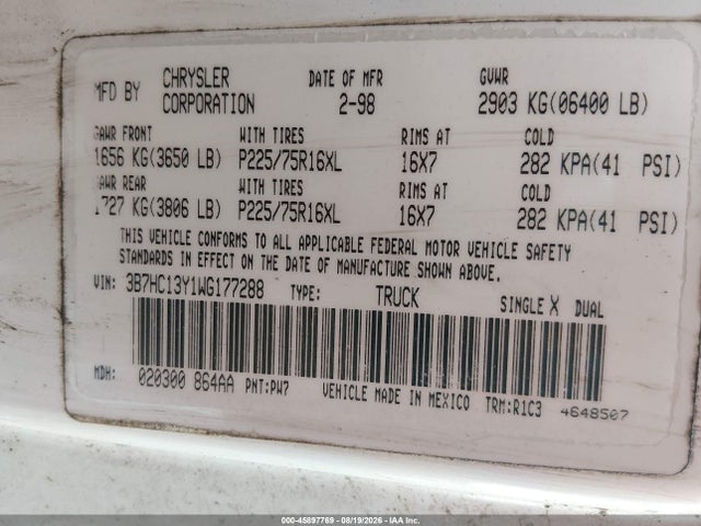 45897769 :رقم المزاد ، 3B7HC13Y1WG177288 vin ، 1998 Dodge Ram 1500 St مزاد بيع