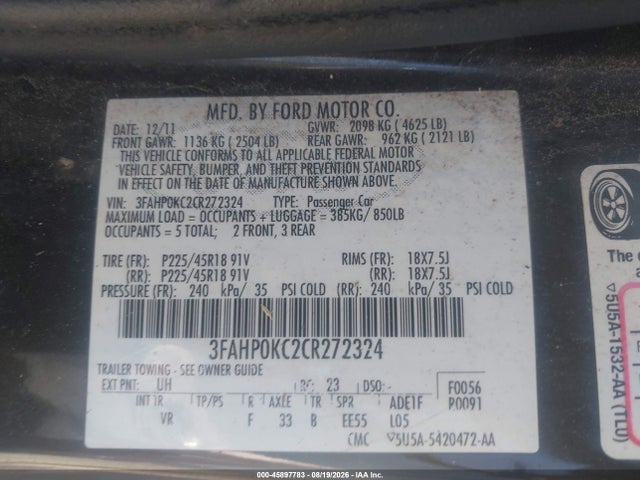 45897783 :رقم المزاد ، 3FAHP0KC2CR272324 vin ، 2012 Ford Fusion Sport مزاد بيع