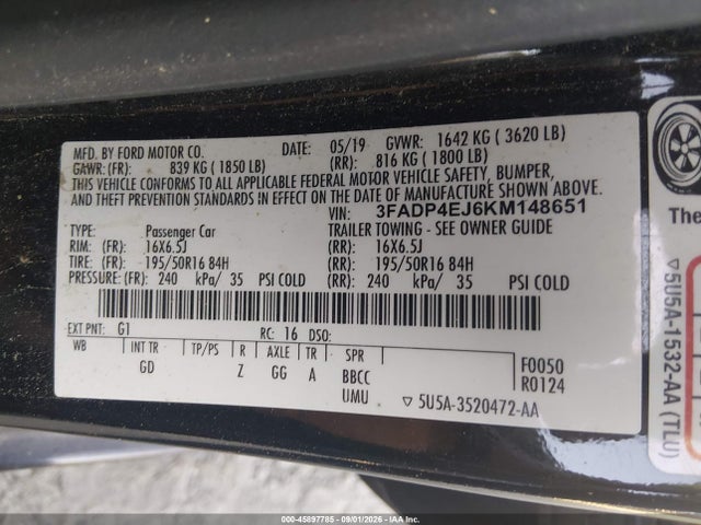Продажа на аукционе авто 2019 Ford Fiesta Se, vin: 3FADP4EJ6KM148651, номер лота: 45897785
