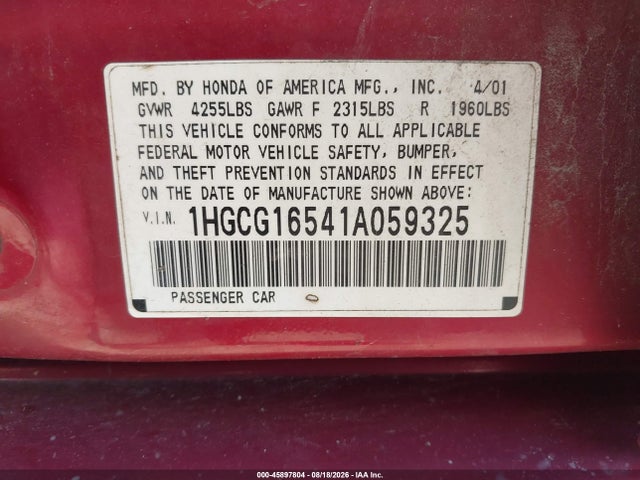 2001 Honda Accord 3.0 Ex მანქანა იყიდება აუქციონზე, vin: 1HGCG16541A059325, აუქციონის ნომერი: 45897804