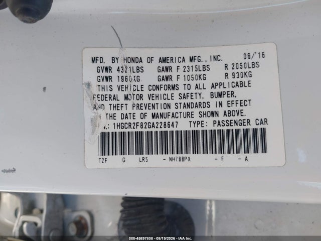 1HGCR2F82GA228647 Honda Accord Ex-l