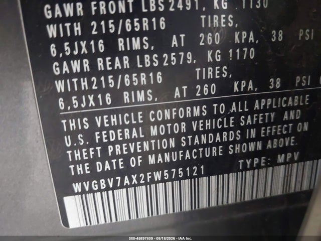 Продажа на аукционе авто 2015 Volkswagen Tiguan S, vin: WVGBV7AX2FW575121, номер лота: 45897809
