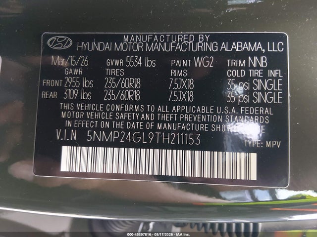 2026 Hyundai Santa Fe Sel მანქანა იყიდება აუქციონზე, vin: 5NMP24GL9TH211153, აუქციონის ნომერი: 45897816