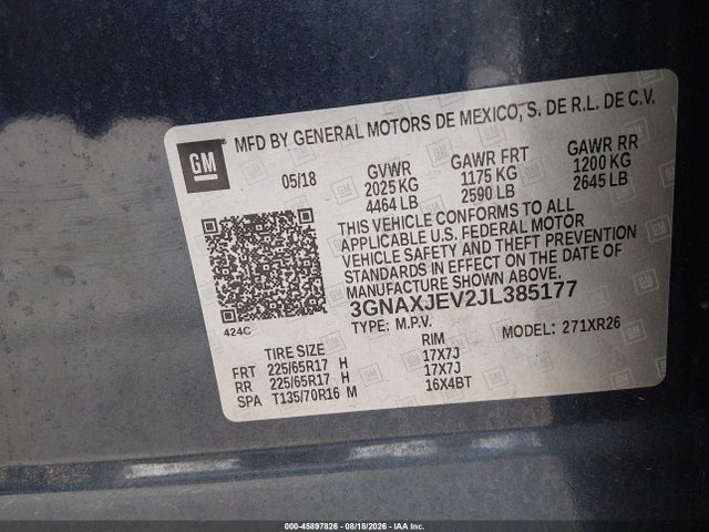 Aukcja sprzedaży 2018 Chevrolet Equinox Lt, vin: 3GNAXJEV2JL385177, numer aukcji: 45897826