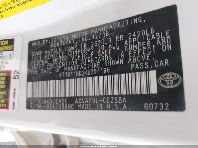 2019 Toyota Camry Se მანქანა იყიდება აუქციონზე, vin: 4T1B11HK2KU721168, აუქციონის ნომერი: 45897828