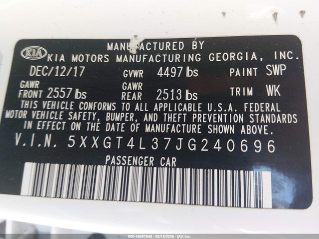 45897849 :رقم المزاد ، 5XXGT4L37JG240696 vin ، 2018 Kia Optima S مزاد بيع