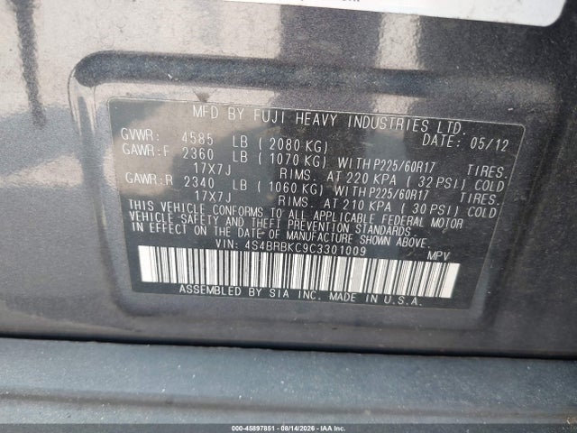 45897851 :رقم المزاد ، 4S4BRBKC9C3301009 vin ، 2012 Subaru Outback 2.5i Limited مزاد بيع