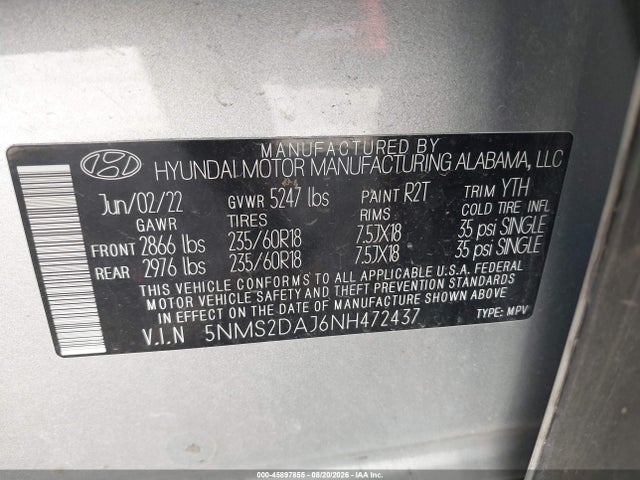 Aukcja sprzedaży 2022 Hyundai Santa Fe Sel, vin: 5NMS2DAJ6NH472437, numer aukcji: 45897855
