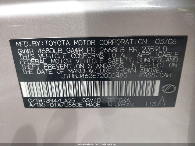 45897858 :رقم المزاد ، JTHBJ46G672000485 vin ، 2007 Lexus Es 350 مزاد بيع