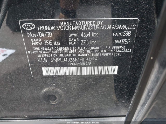 Продаж на аукціоні авто 2021 Hyundai Sonata Sel Plus, vin: 5NPEJ4J26MH091259, номер лоту: 45897864