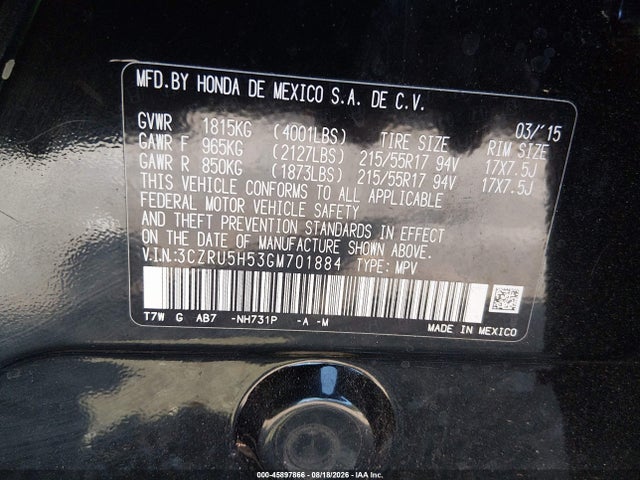 Продажа на аукционе авто 2016 Honda Hr-v Ex, vin: 3CZRU5H53GM701884, номер лота: 45897866
