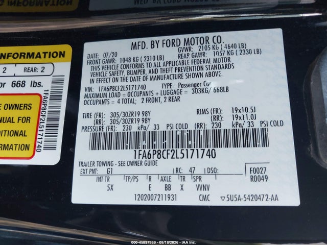 45897869 :رقم المزاد ، 1FA6P8CF2L5171740 vin ، 2020 Ford Mustang Gt Premium Fastback مزاد بيع