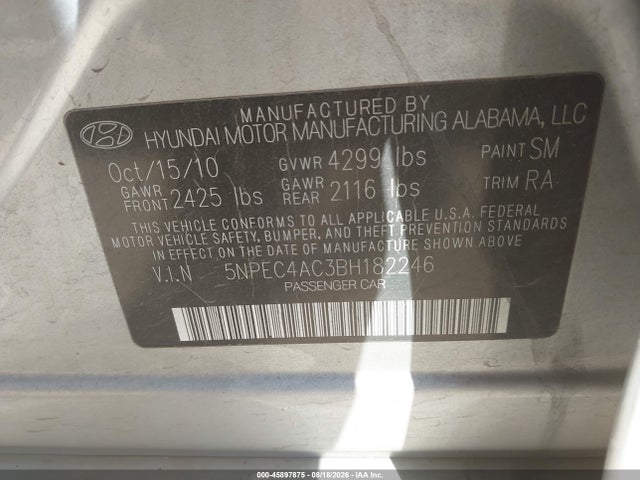 Aukcja sprzedaży 2011 Hyundai Sonata Se, vin: 5NPEC4AC3BH182246, numer aukcji: 45897875