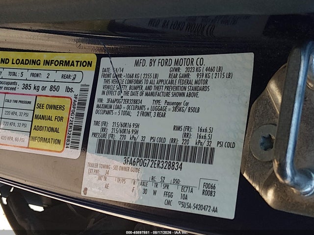 2014 Ford Fusion S მანქანა იყიდება აუქციონზე, vin: 3FA6P0G72ER328834, აუქციონის ნომერი: 45897881