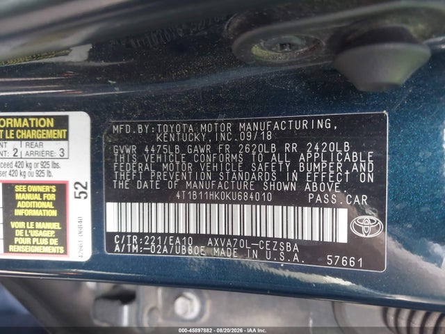 Aukcja sprzedaży 2019 Toyota Camry Se, vin: 4T1B11HK0KU684010, numer aukcji: 45897882
