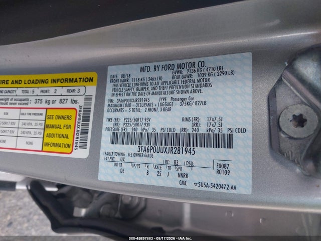 Продаж на аукціоні авто 2018 Ford Fusion Hybrid S, vin: 3FA6P0UUXJR281945, номер лоту: 45897883