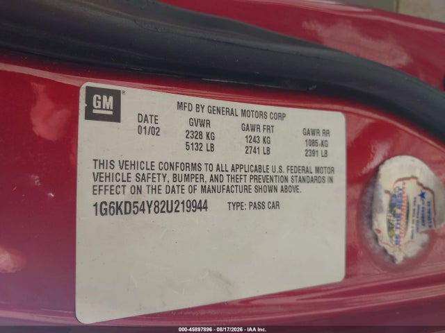 Продаж на аукціоні авто 2002 Cadillac Deville, vin: 1G6KD54Y82U219944, номер лоту: 45897896