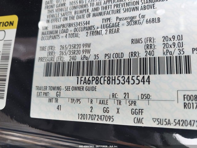 Продажа на аукционе авто 2017 Ford Mustang Gt Premium, vin: 1FA6P8CF8H5345544, номер лота: 45897903