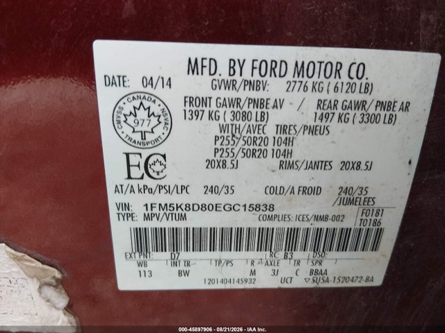 Продаж на аукціоні авто 2014 Ford Explorer Xlt, vin: 1FM5K8D80EGC15838, номер лоту: 45897906