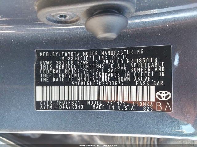 Aukcja sprzedaży 2019 Toyota Corolla Le, vin: 5YFBURHE7KP933677, numer aukcji: 45897905