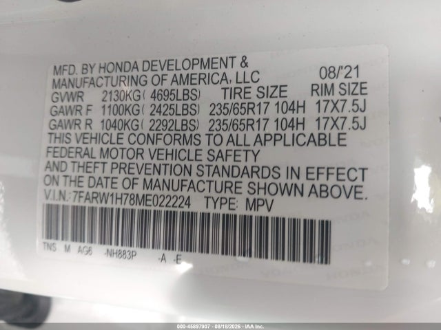 Продажа на аукционе авто 2021 Honda Cr-v 2wd Special Edition, vin: 7FARW1H78ME022224, номер лота: 45897907