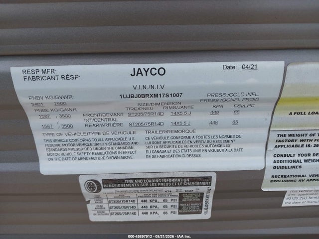 2021 Jayco Other მანქანა იყიდება აუქციონზე, vin: 1UJBJ0BRXM17S1007, აუქციონის ნომერი: 45897912
