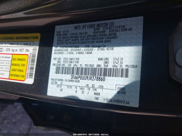 Продаж на аукціоні авто 2018 Ford Fusion Hybrid S, vin: 3FA6P0UU9JR278860, номер лоту: 45897915