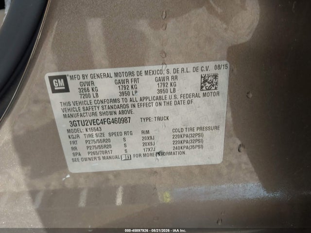 45897926 :رقم المزاد ، 3GTU2VEC4FG460987 vin ، 2015 Gmc Sierra 1500 Slt مزاد بيع