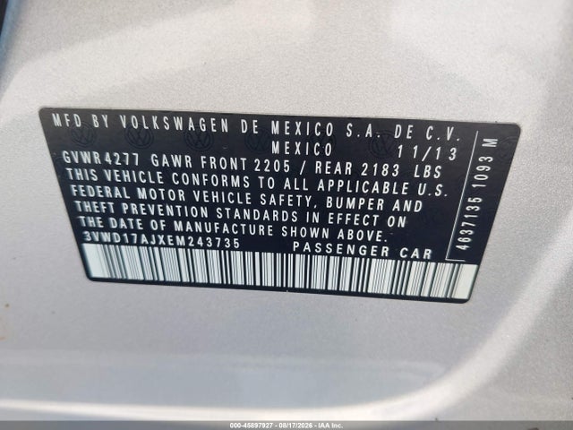 2014 Volkswagen Jetta 1.8t Se მანქანა იყიდება აუქციონზე, vin: 3VWD17AJXEM243735, აუქციონის ნომერი: 45897927