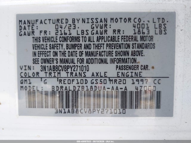 2023 Nissan Sentra Sv Xtronic Cvt მანქანა იყიდება აუქციონზე, vin: 3N1AB8CV8PY271010, აუქციონის ნომერი: 45897933