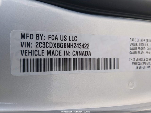 45897934 :رقم المزاد ، 2C3CDXBG6NH243422 vin ، 2022 Dodge Charger Sxt Rwd مزاد بيع