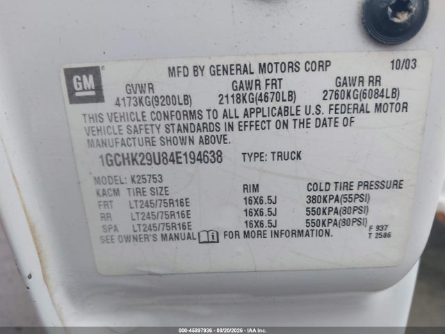 45897936 :رقم المزاد ، 1GCHK29U84E194638 vin ، 2004 Chevrolet Silverado 2500hd Ls مزاد بيع