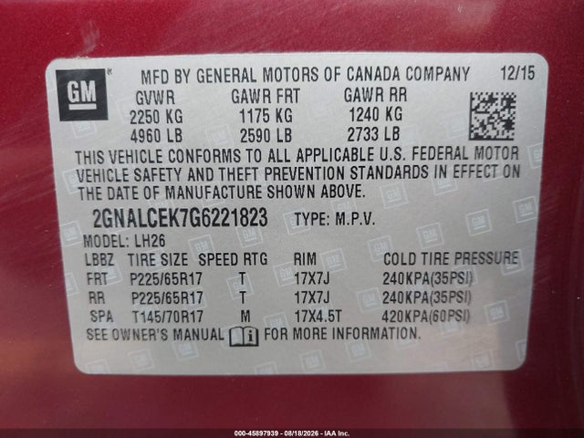 45897939 :رقم المزاد ، 2GNALCEK7G6221823 vin ، 2016 Chevrolet Equinox Lt مزاد بيع
