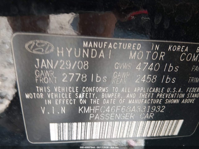 Aukcja sprzedaży 2008 Hyundai Azera Limited, vin: KMHFC46F68A331932, numer aukcji: 45897944