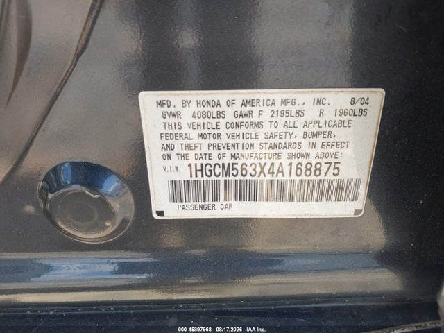 2004 Honda Accord 2.4 Lx მანქანა იყიდება აუქციონზე, vin: 1HGCM563X4A168875, აუქციონის ნომერი: 45897968