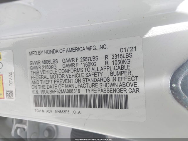 Продаж на аукціоні авто 2021 Acura Tlx Advance Package, vin: 19UUB5F62MA008316, номер лоту: 45897979
