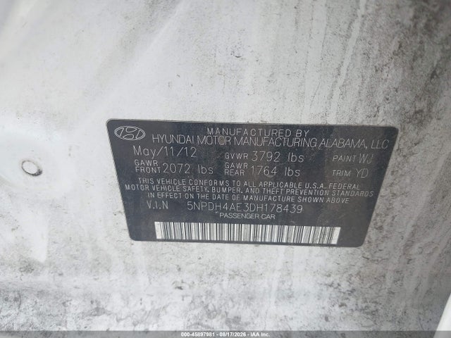 2013 Hyundai Elantra Gls მანქანა იყიდება აუქციონზე, vin: 5NPDH4AE3DH178439, აუქციონის ნომერი: 45897981