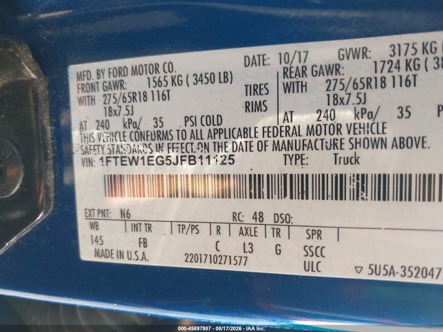 2018 Ford F-150 Xlt მანქანა იყიდება აუქციონზე, vin: 1FTEW1EG5JFB11125, აუქციონის ნომერი: 45897987