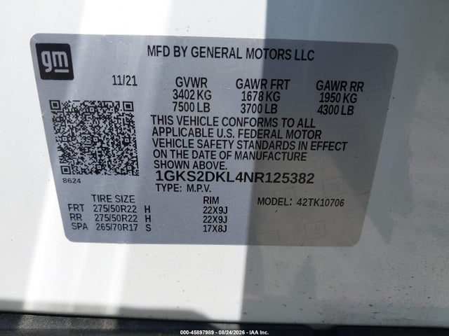45897989 :رقم المزاد ، 1GKS2DKL4NR125382 vin ، 2022 Gmc Yukon 4wd Denali مزاد بيع