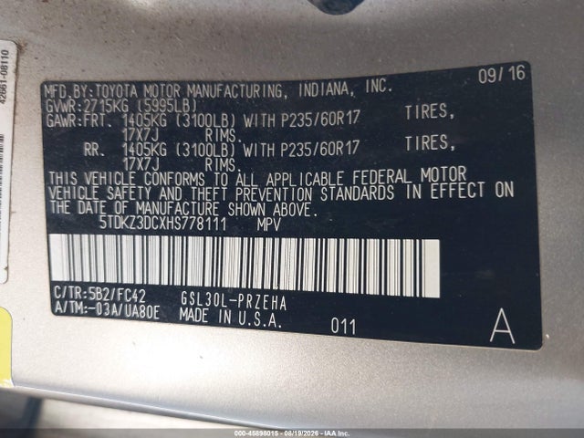 5TDKZ3DCXHS778111 Toyota Sienna Le 8 Passenger